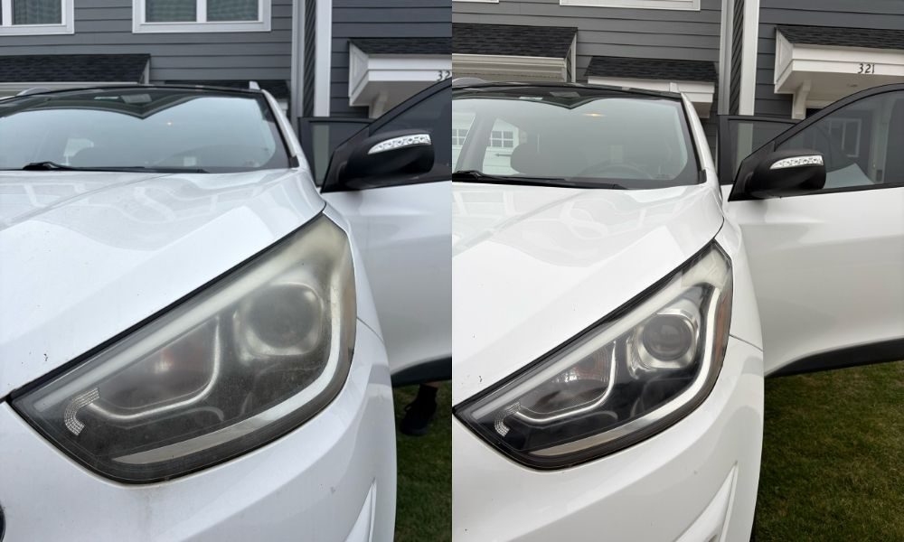 Foggy headlight cleared up on a white SUV