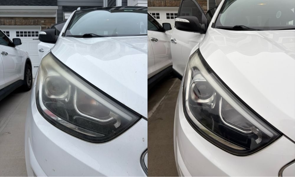Hazy headlight before and after restoration on a white SUV