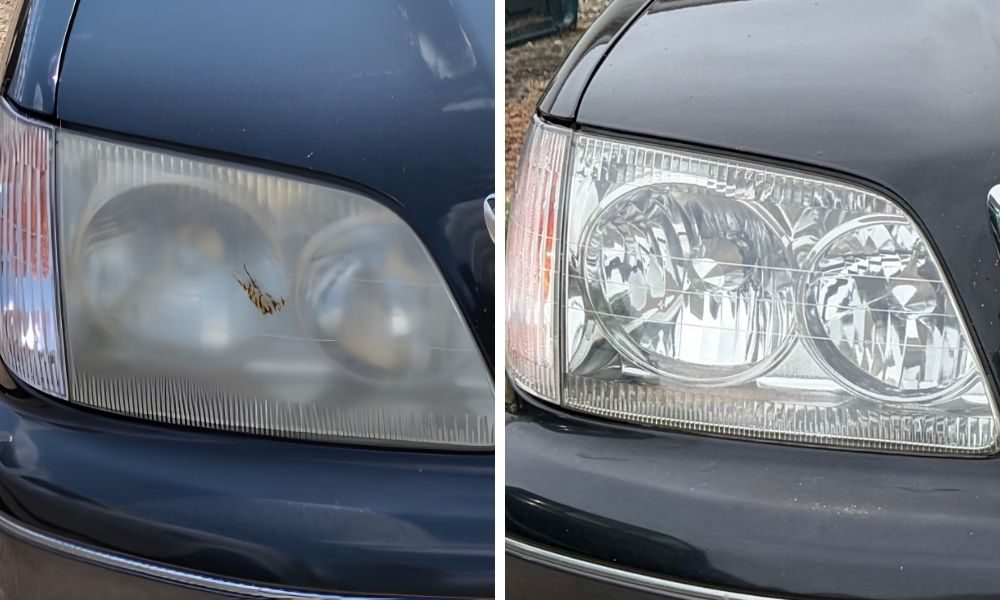 Cloudy headlight on a dark sedan restored to clear