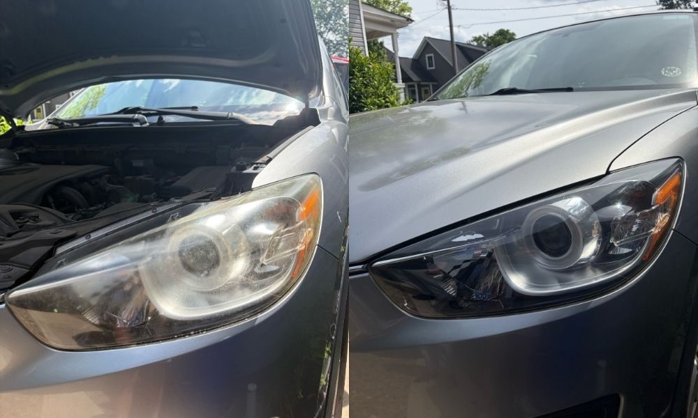 Yellowed headlight restored to clear on a silver van
