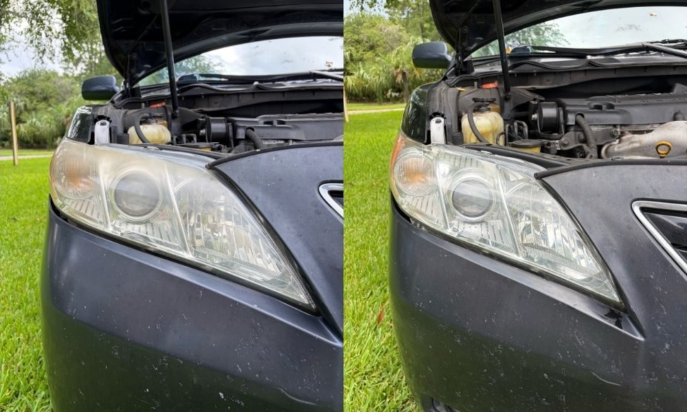 Hazy headlight before and after restoration