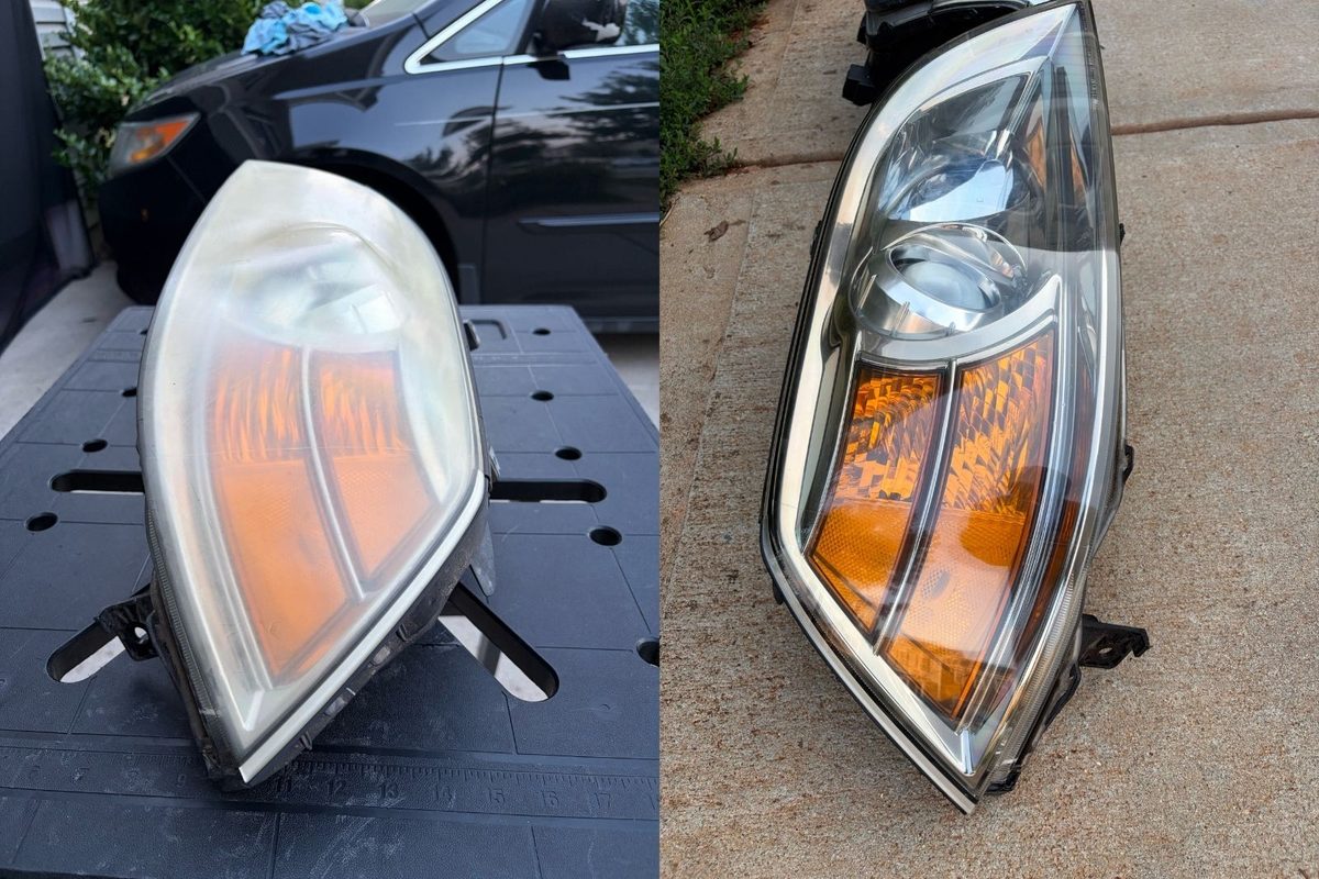 Heavily yellowed headlight restored to crystal clear